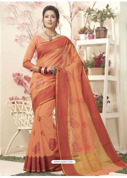 Orange Cotton Silk Embroidered Designer Saree