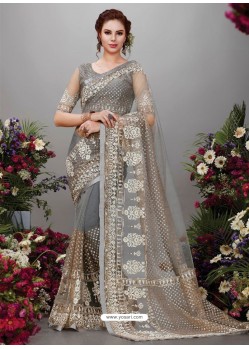 Dull Grey Net Designer Embroidered Party Wear Saree