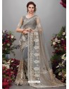 Dull Grey Net Designer Embroidered Party Wear Saree