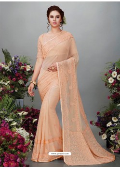 Light Orange Georgette Designer Embroidered Party Wear Saree