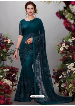 Teal Blue Georgette Designer Embroidered Party Wear Saree