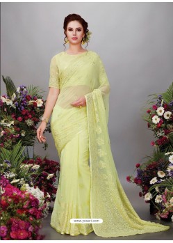 Lemon Georgette Designer Embroidered Party Wear Saree