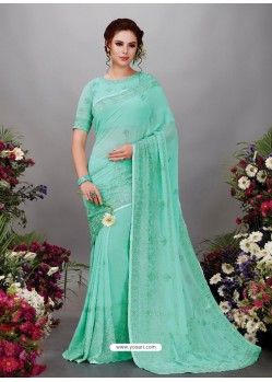 Aqua Mint Georgette Designer Embroidered Party Wear Saree