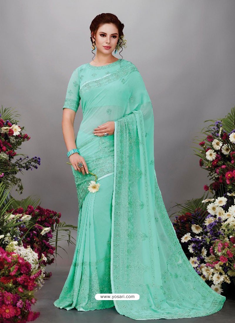 Buy Aqua Mint Georgette Designer Embroidered Party Wear Saree | Party ...