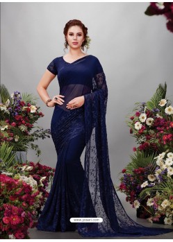 Navy Blue Georgette Designer Embroidered Party Wear Saree