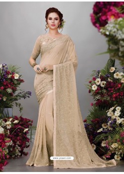 Light Beige Georgette Designer Embroidered Party Wear Saree