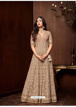 Light Brown Net Designer Emroidered Anarkali Suit