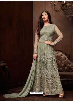 Olive Green Net Designer Emroidered Anarkali Suit