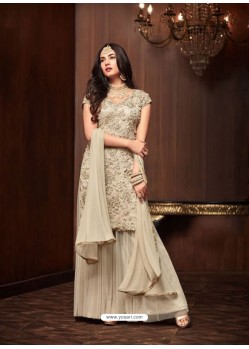 Cream Net Designer Emroidered Anarkali Suit