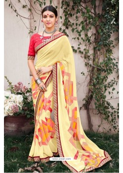 Cream Georgette Designer Printed Saree