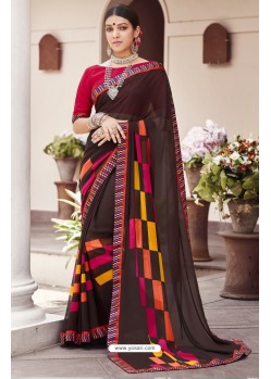 Coffee Brown Georgette Designer Printed Saree