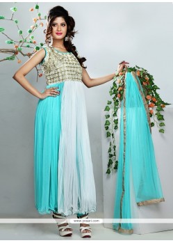 Turquoise Blue And White Net Anarkali Suit
