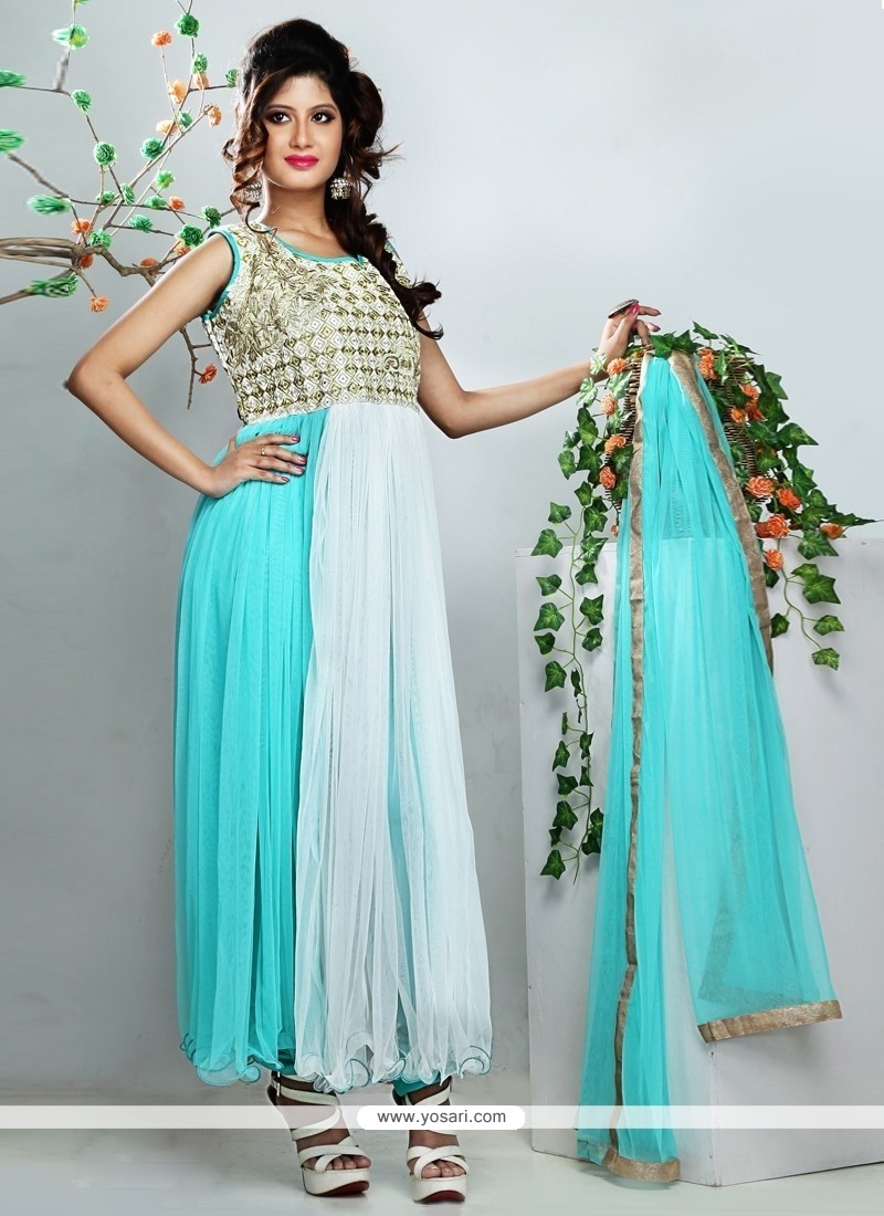 Turquoise Blue And White Net Anarkali Suit