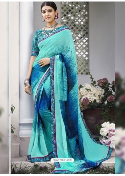 Aqua Mint Georgette Designer Printed Saree