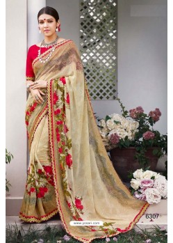 Beige Georgette Designer Printed Saree