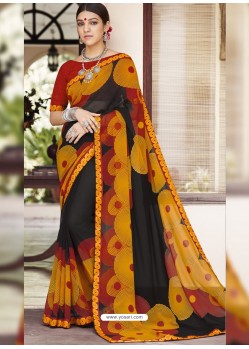 Black And Multi Colour Georgette Designer Printed Saree