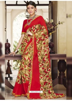 Red And Multi Colour Georgette Designer Printed Saree