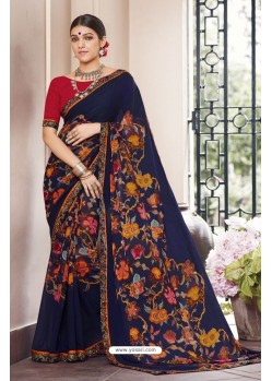 Navy Blue Georgette Designer Printed Saree