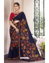 Navy Blue Georgette Designer Printed Saree