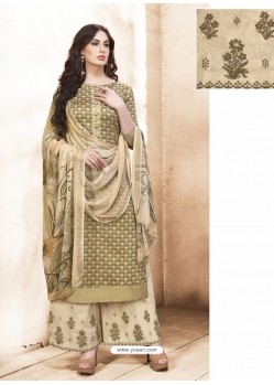 Beige Pure Silk Satin Digital Printed And Embroidered Palazzo Suit
