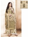 Beige Pure Silk Satin Digital Printed And Embroidered Palazzo Suit