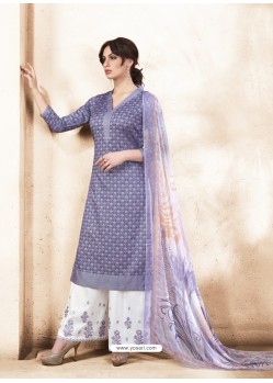 Lavender Pure Silk Satin Digital Printed And Embroidered Palazzo Suit