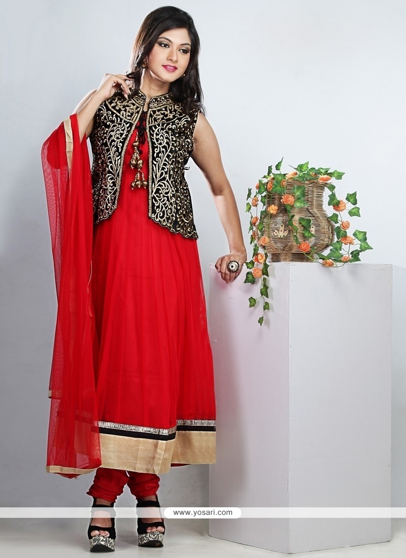 Tantalizing Red Net Anarkali Suit