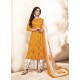 Mustard Pure Silk Satin Digital Printed And Embroidered Palazzo Suit