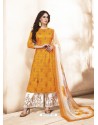 Mustard Pure Silk Satin Digital Printed And Embroidered Palazzo Suit