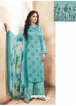 Turquoise Pure Silk Satin Digital Printed And Embroidered Palazzo Suit