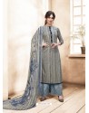 Grey Pure Silk Satin Digital Printed And Embroidered Palazzo Suit