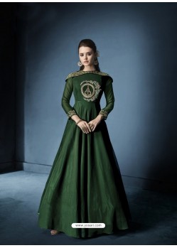 Dark Green Soft Tapeta Silk Embroidered Designer Floor Length Suit