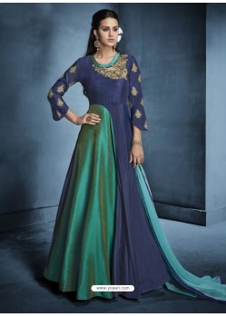 Navy Blue And Teal Banarasi Silk Embroidered Designer Floor Length Suit