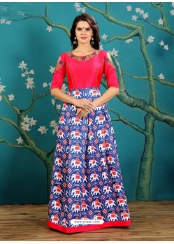 Fuchsia And Royal Blue Twrill Silk Designer Readymade Printed Gowns