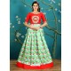 Red And Sea Green Twrill Silk Designer Readymade Printed Gowns