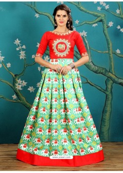 Red And Sea Green Twrill Silk Designer Readymade Printed Gowns