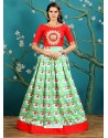 Red And Sea Green Twrill Silk Designer Readymade Printed Gowns