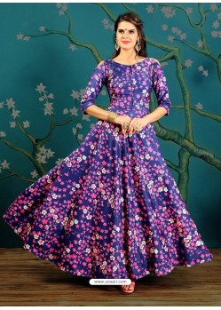 Dark Blue Twrill Silk Designer Readymade Printed Gowns