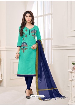 Aqua Mint And Navy Blue Modal Cotton Embroidered Straight Suit