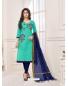 Aqua Mint And Navy Blue Modal Cotton Embroidered Straight Suit