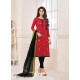 Red And Black Cotton Embroidered Straight Suit