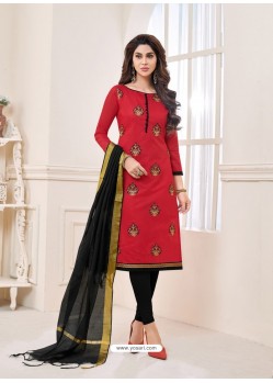 Red And Black Cotton Embroidered Straight Suit