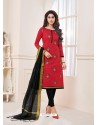 Red And Black Cotton Embroidered Straight Suit