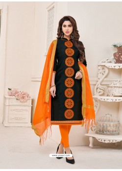 Black And Orange Modal Cotton Embroidered Straight Suit