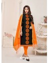 Black And Orange Modal Cotton Embroidered Straight Suit