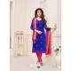 Royal Blue And Fuchsia Modal Cotton Embroidered Straight Suit