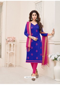 Royal Blue And Fuchsia Modal Cotton Embroidered Straight Suit