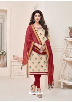 Cream And Wine Modal Cotton Embroidered Straight Suit