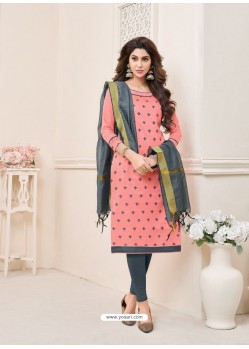 Peach And Grey Modal Cotton Embroidered Straight Suit