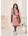 Peach And Grey Modal Cotton Embroidered Straight Suit